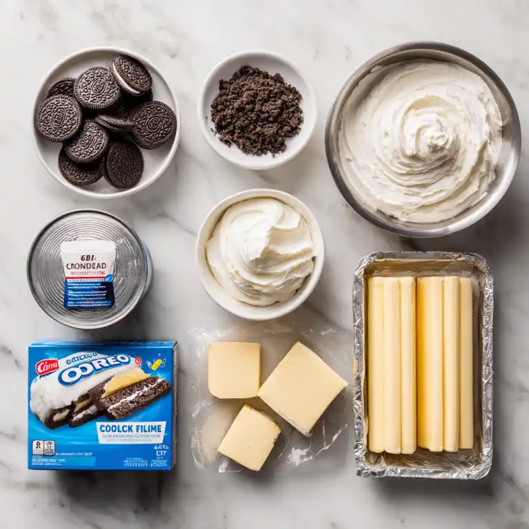 Oreo Dump Cake ingredients flat lay