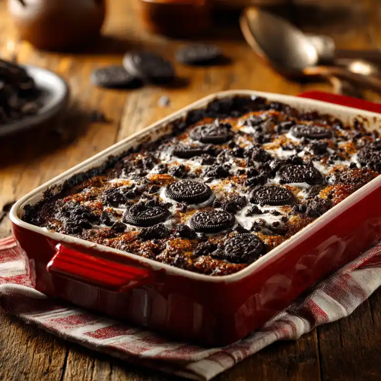 Oreo dump cake recipe with cake mix in a rustic dish