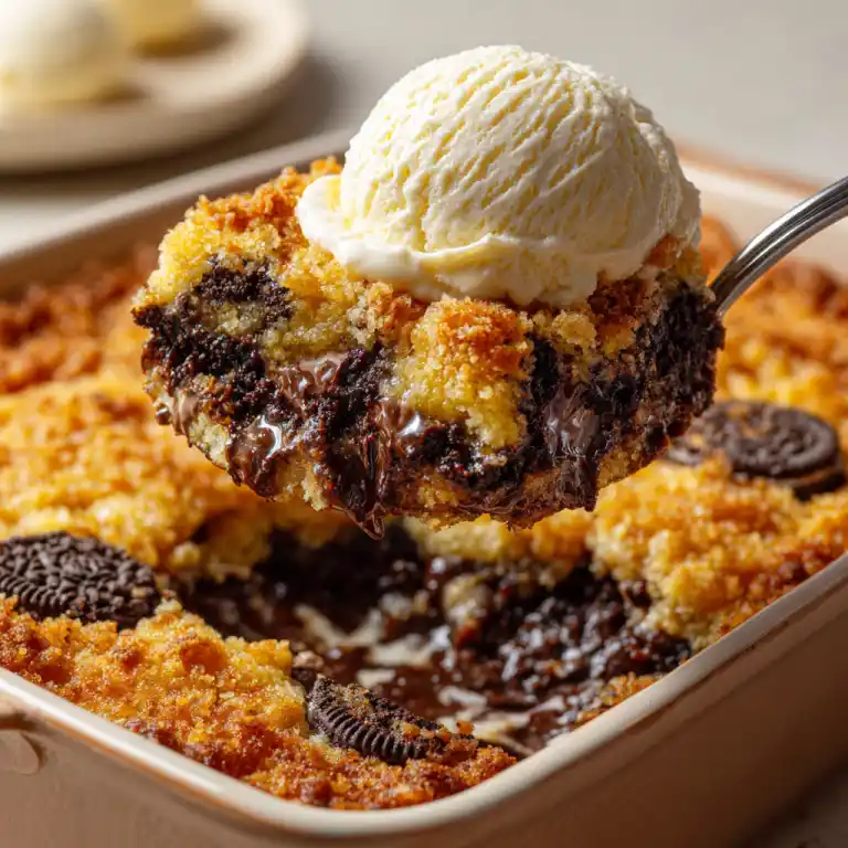 Spoonful of warm Oreo dump cake served with ice cream