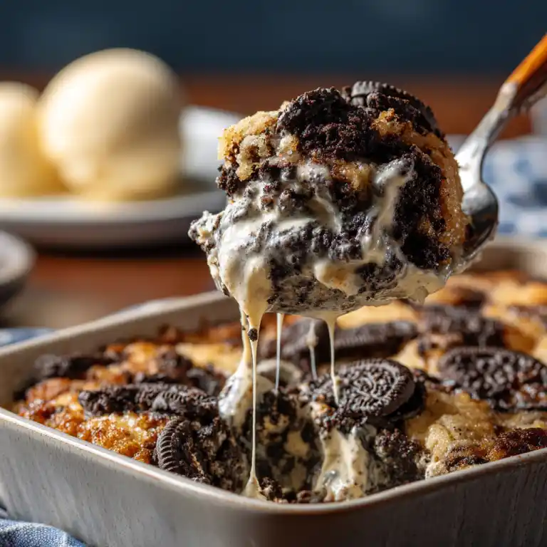 Spoonful of warm Oreo Dump Cake being served