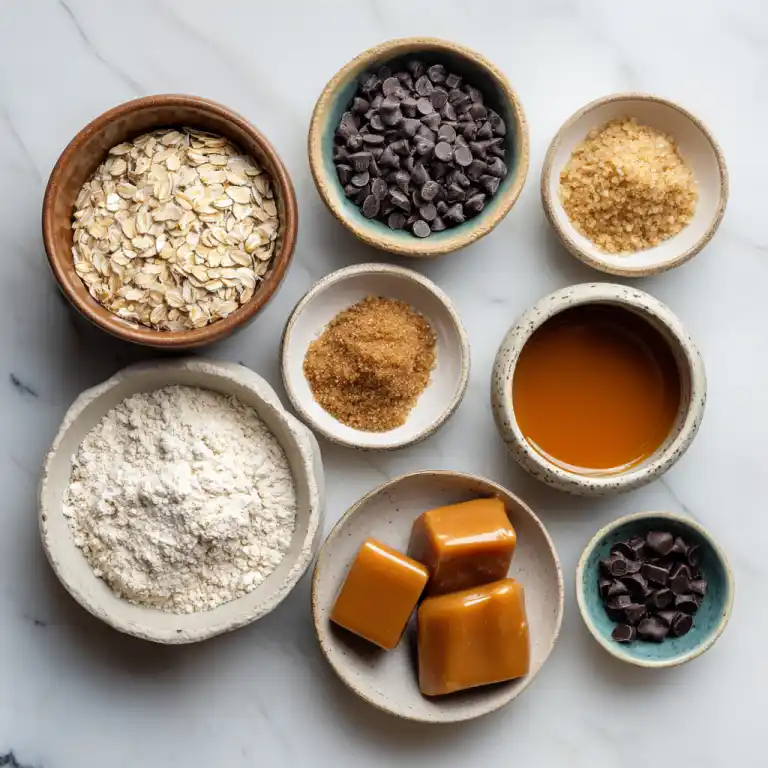 Salted caramel cookie ingredients on marble