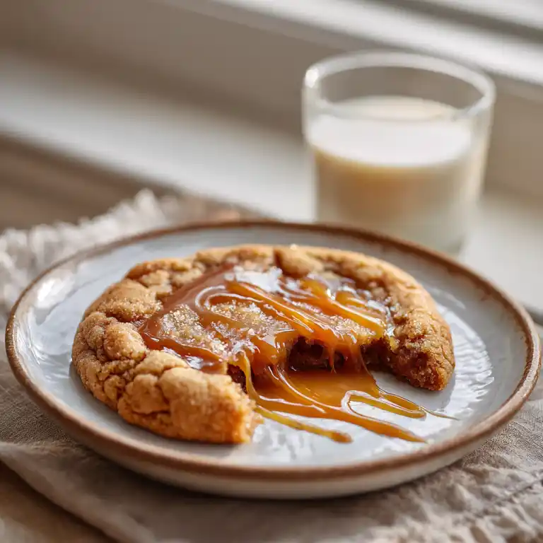 Gooey salted caramel puddle cookie served with milk