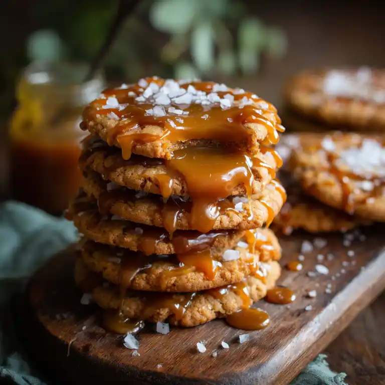 Salted caramel puddle cookies stacked on board