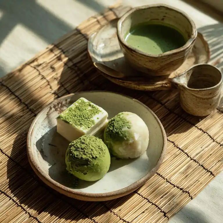 Serving Matcha Green Tea Mochi Ice Cream with Tea