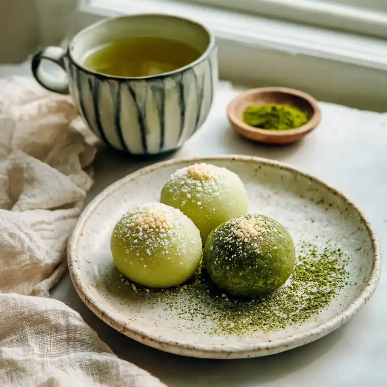 Serving Matcha Mochi Ice Cream with tea