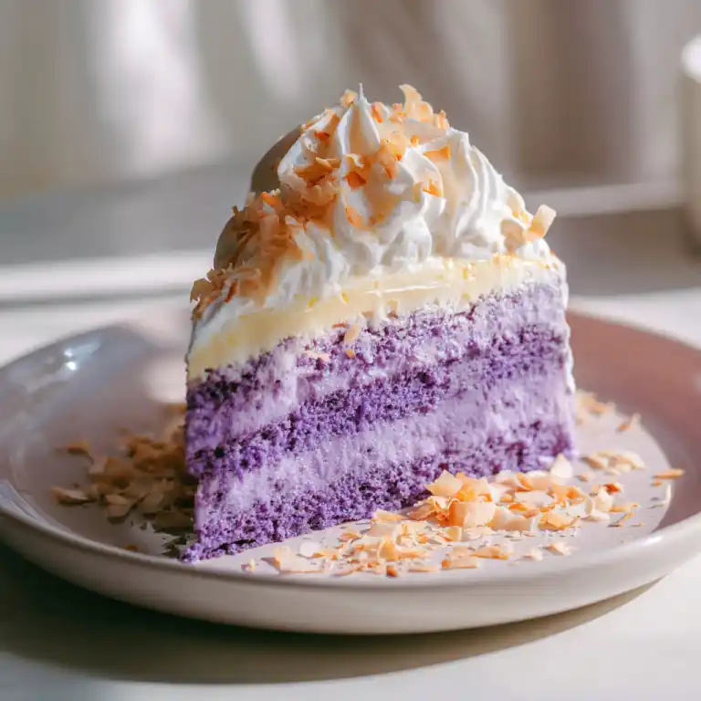 Slice of Ube Tres Leches Cake with whipped topping