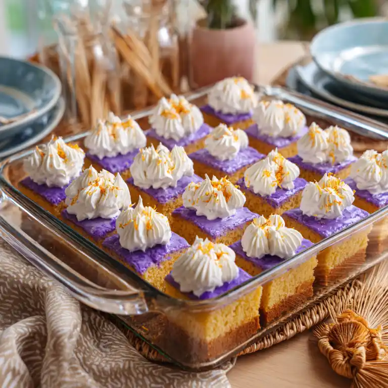 Chilled Ube Tres Leches Cake slices in a tray